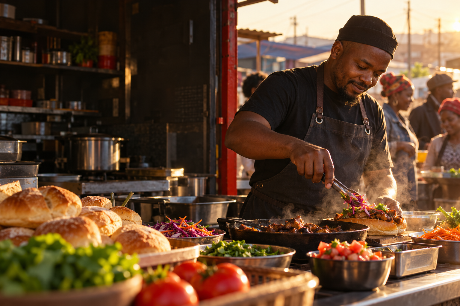 Illustrative local entrepreneur preparing food in a market kitchen
