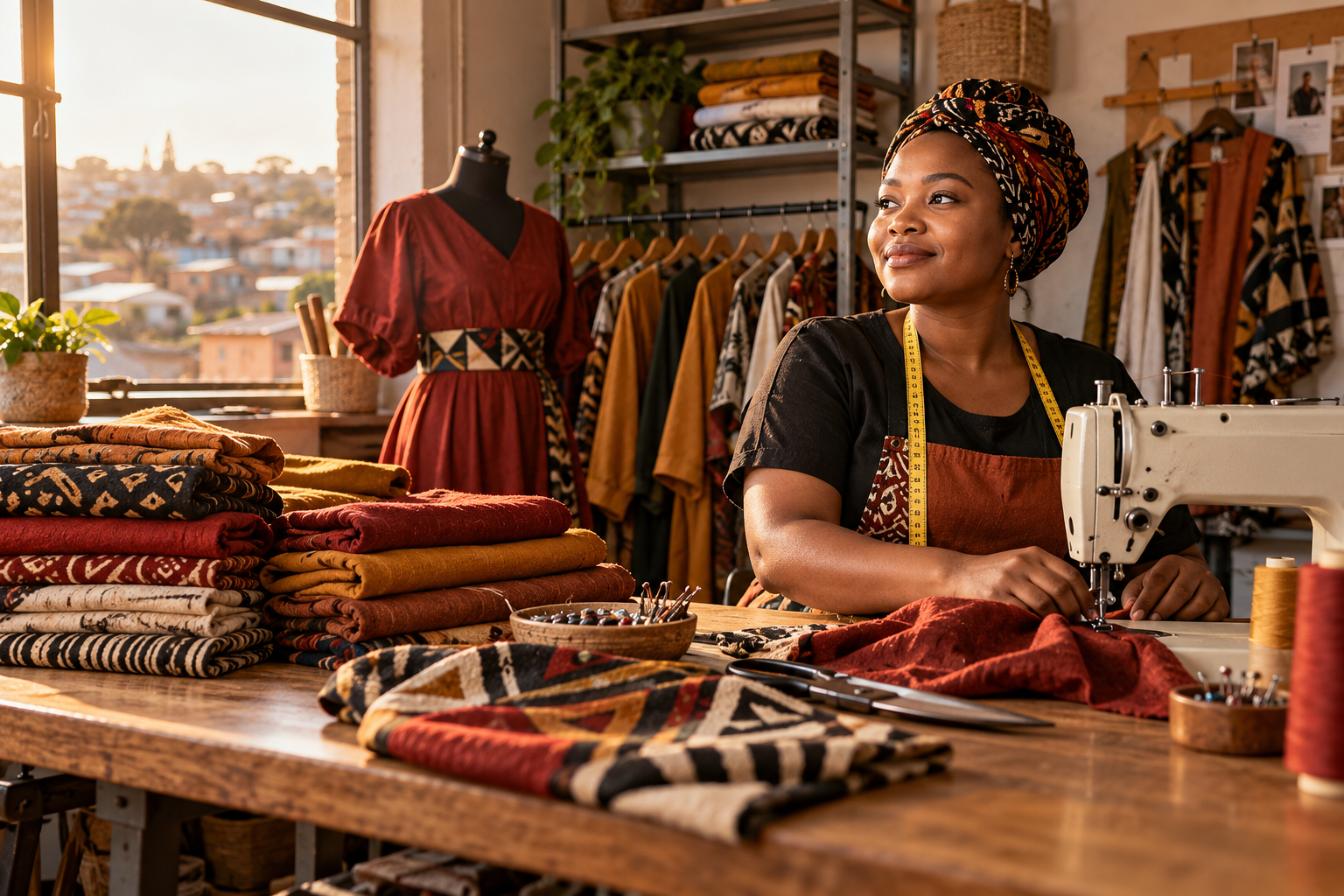Illustrative clothing entrepreneur at work with locally made textiles